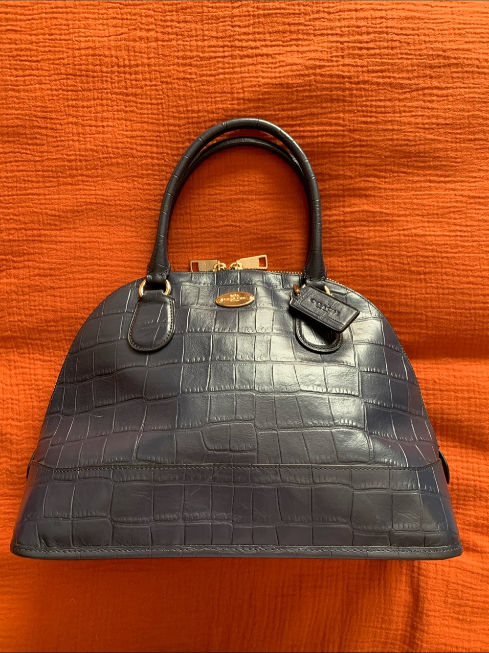 Coach Navy Croc-Embossed Leather Satchel with Gold Hardware